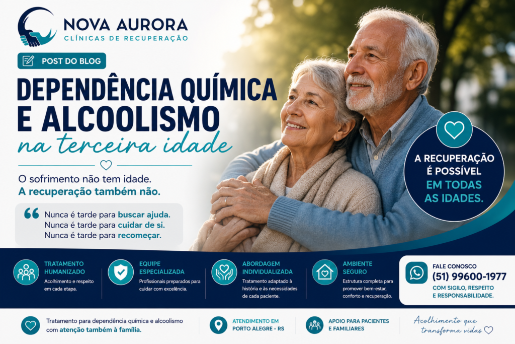 Casal de idosos representando esperança e recuperação da dependência química na terceira idade.