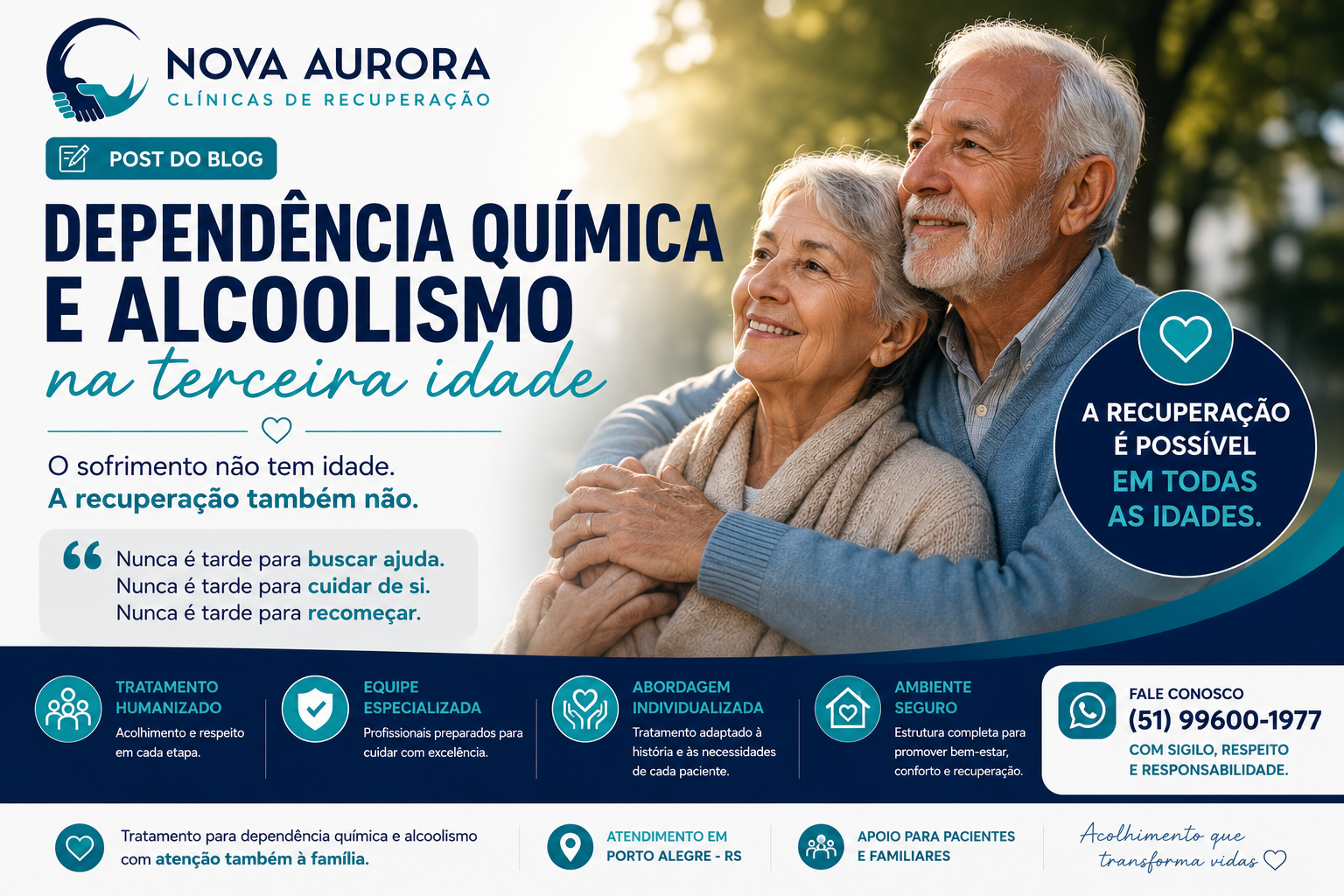 Casal de idosos representando esperança e recuperação da dependência química na terceira idade.